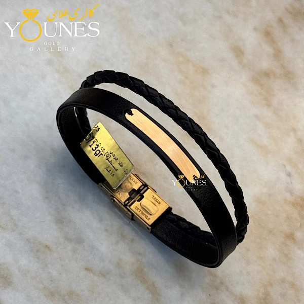 دستبند چرم مردانه طلا گیس بافت مشکی